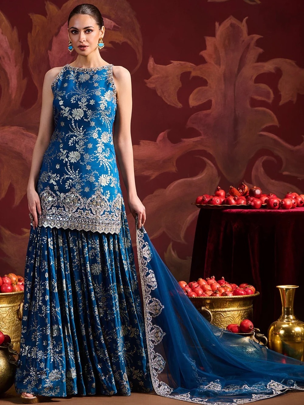 Lashkaraa Embroidered Blue Maxi Dress with Sheer Embellished Train